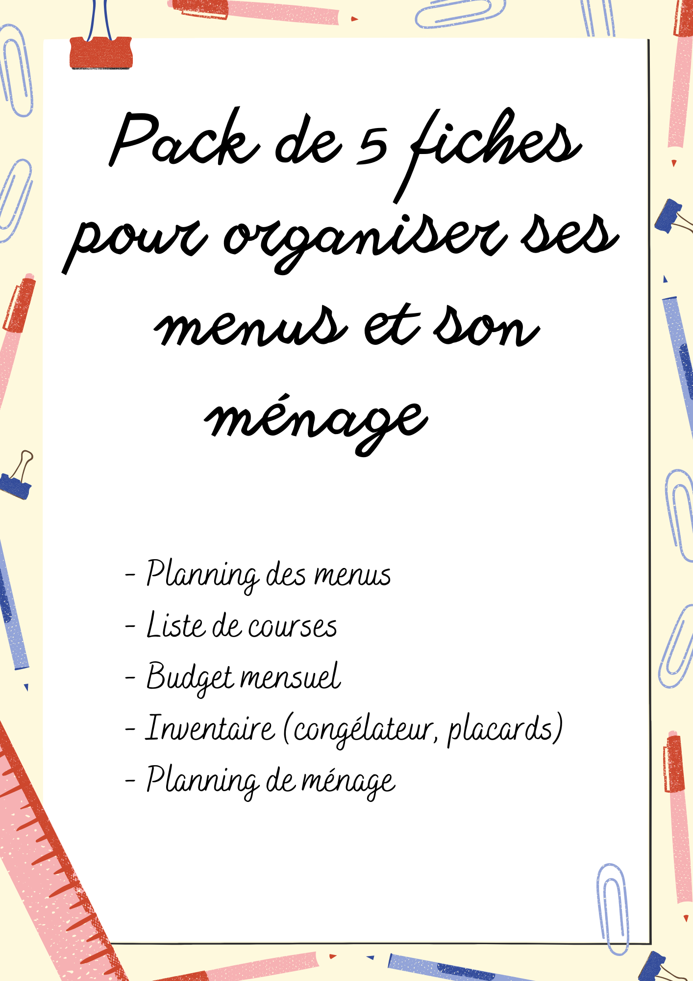 Fiches d'organisation menus et ménage
